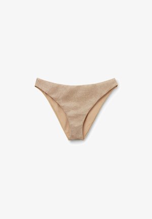 Beige Bikini-Unterteil mit einer subtil glitzernden Textur, das einen niedrigen Schnitt und ein glattes, kontrastierendes Innenfutter aufweist.