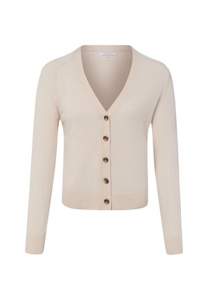 Cardigan beige court avec manches longues, col en V et cinq boutons marron sur le devant, en tissu tricoté.
