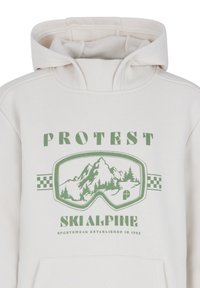 Felpa color crema con cappuccio regolabile. Presenta una grafica verde di montagne e alberi, con il testo "PROTEST SKIALPINE" e un motivo a scacchi.