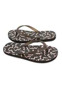 Sorte flip-flops med et pink abstrakt zigzag-mønster, der har fleksible stropper og en struktureret fodseng for greb. Forstærket sål for holdbarhed.