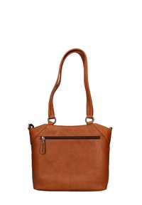 Bruine leren handtas met twee handvatten, een ritsvak aan de voorkant en een rechthoekige vorm. Gladde textuur met subtiele stiksels.