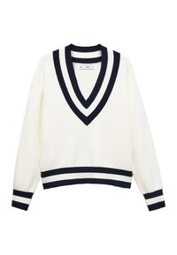 Pull en maille blanc avec un col en V profond et des doubles rayures noires sur le col, les poignets et l'ourlet. Manches longues et coupe décontractée.