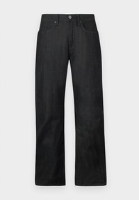 Black denim jeans feature a straight-leg design, five pockets, and a button closure. Smooth texture with subtle stitching details.