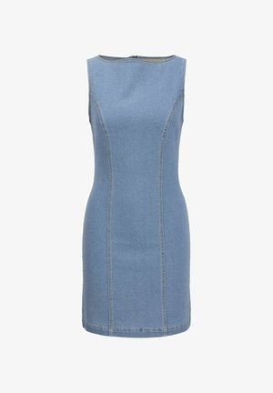 Denim obleka, svetlo modra, brez rokavov, prilega se telesu, s sklenjenimi šivi, okroglim izrezom, do kolen, s šivi ob straneh.