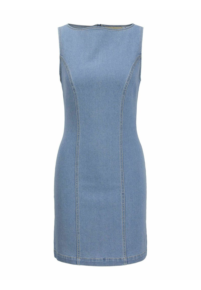 Denim-mekko, vaaleansininen, hihaton, istuva muotoilu, kaarevat saumat, pyöreä kaula-aukko, polvipitkä, sivuilla on ompeluyksityiskohtia.