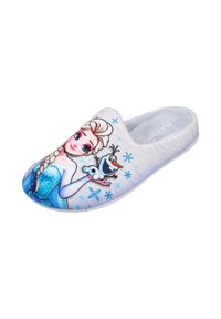 Zapatillas grises de casa sin cordones para niños con Elsa y Olaf de Frozen, con copos de nieve azules en la parte superior.