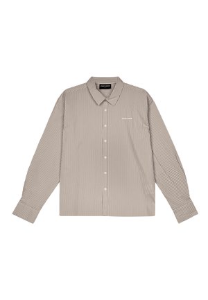 Beež ja tumepruun triibuline pikkade varrukatega särk, millel on nööpidega eesmine osa, terav krae ja mansetid, kus on peenet logo detail.