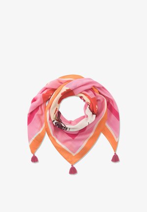 Quadratisches Tuch mit floralen Mustern in Pink-, Orange- und Rotverläufen, gefaltet mit pinken Quasten an drei Ecken.