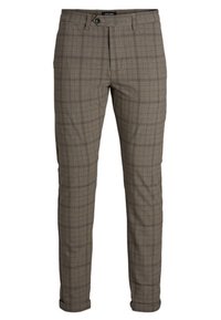 Slim-fit herrbyxor med brun och beige rutmönster, knäppning och dragkedja, bältesöglor och avkortade fållar.