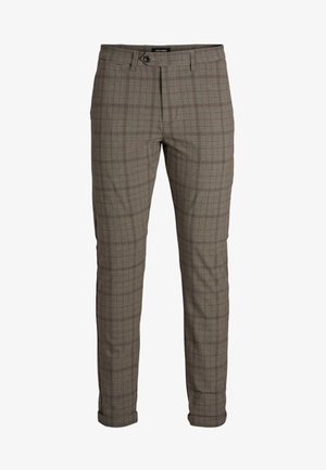 Slim fit pánské kalhoty s hnědým a béžovým kostkovaným vzorem, zapínání na knoflík a zip, poutka na opasek a zkrácené nohavice.