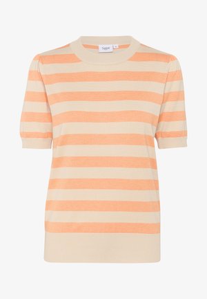 Pull court à manches courtes rayé crème et orange, avec un col rond et des bordures côtelées. Matière tricotée douce avec une coupe décontractée.