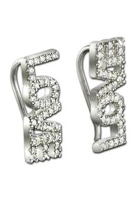 Boucles d'oreilles en argent en forme du mot "AMOUR", embellies de strass transparents pour une touche d'éclat et présentant un design épuré et moderne.