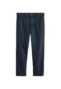 Ciemnoniebieskie chinosy o prostym kroju, z zapięciem na guzik, kątom bocznym oraz gładką teksturą z bawełny.