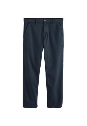 Dunkelnavy Chinos mit geradem Beinausschnitt, ausgestattet mit einem Knopfverschluss, schrägen Seitentaschen und einer glatten Baumwolltextur.