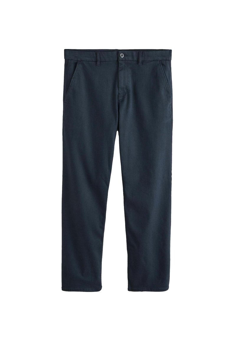 Ciemnoniebieskie chinosy o prostym kroju, z zapięciem na guzik, kątom bocznym oraz gładką teksturą z bawełny.