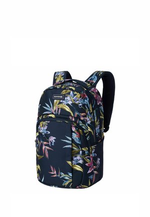 Zaino con spallacci imbottiti, base nera e motivo floreale colorato in tonalità di giallo, rosa e blu, con molteplici scomparti con cerniera.