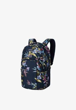 Zaino con spallacci imbottiti, base nera e motivo floreale colorato in tonalità di giallo, rosa e blu, con molteplici scomparti con cerniera.