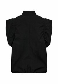 Čierna blúzka s krátkym rukávom, vysokým golierom, naberanými pufovými ramenami a elastickým spodným lemom pre priliehavý vzhľad. Textúrovaná látka.