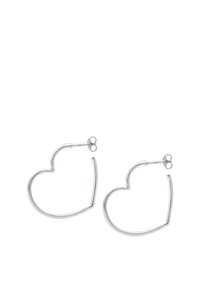 Silver heart-shaped hoop earrings, featuring a simple wire design with a smooth finish and push-back clasps for secure wear.