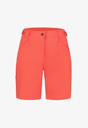 Pantalones cortos coral brillantes de longitud media con bolsillos frontales con cremallera, bolsillo lateral tipo cargo, trabillas para cinturón y cierre con botón.