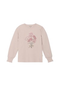 Ljusrosa långärmad skjorta med blommönster i mjuka rosa toner, rund halsringning och rynkade ärmslut för textur och detaljer.