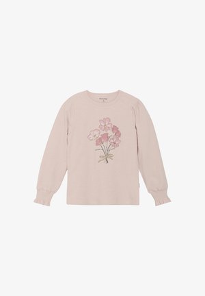 Light pink long-sleeve shirt with floral embroidery in soft pink tones, round neckline, and gathered cuffs for texture and detail.