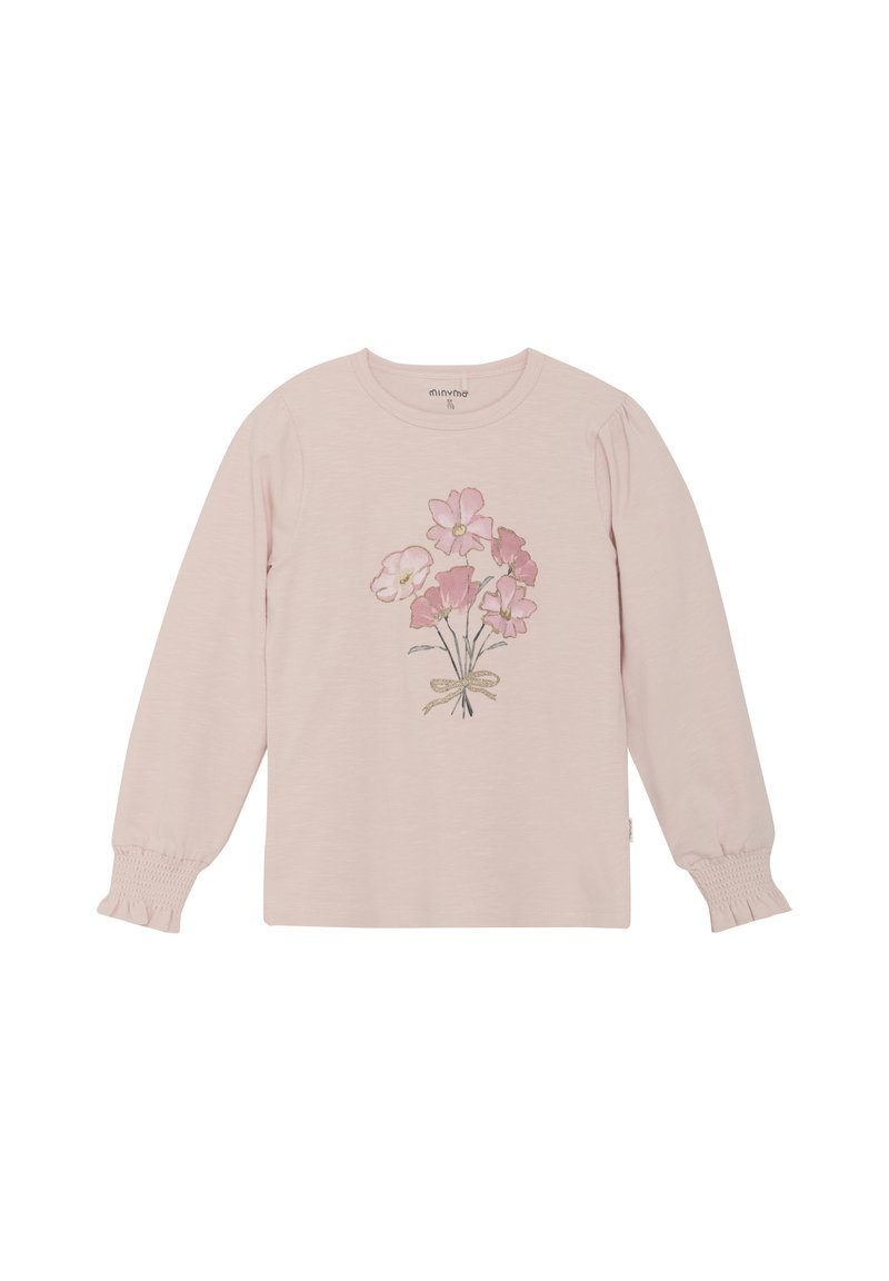Ljusrosa långärmad skjorta med blommönster i mjuka rosa toner, rund halsringning och rynkade ärmslut för textur och detaljer.