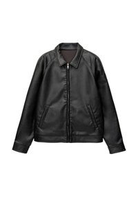 Zwarte leren jack met een kraag, een rits aan de voorkant en twee zijzakken. Heeft een gladde textuur en een casual silhouet.
