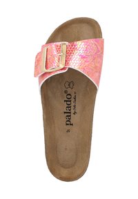 Pink slide sandal with a faux snake print strap, gold buckle, and a contoured brown footbed. Branding printed on the footbed.