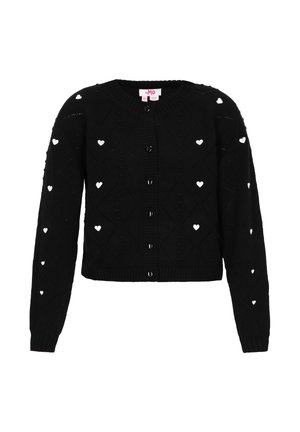 Sort strikket cardigan med hjerteformede detaljer, rund halsudskæring og knaplukning foran, med teksturerede diamantmønstre over hele. 