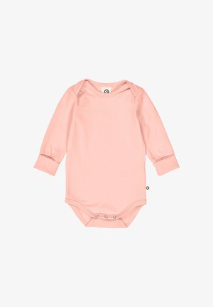 Weicher rosa Baby-Body mit langen Ärmeln, Umschlagsausschnitt und Druckknöpfen im Schritt für einfaches Windelwechseln.