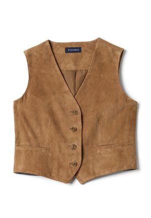 Gilet senza maniche in pelle scamosciata marrone con quattro bottoni frontali, due tasche a filetto frontali e colletto a V.
