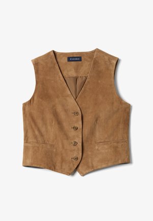 Gilet senza maniche in pelle scamosciata marrone con quattro bottoni frontali, due tasche a filetto frontali e colletto a V.