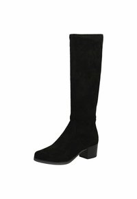 Black, knee-high boots made of suede with a square toe and block heel. Features simple stitching and a smooth texture.