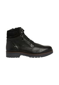 Bottines en cuir noir avec finition texturée, fermeture à lacets et zip, col rembourré et semelle en caoutchouc résistante. Convient pour une tenue décontractée.