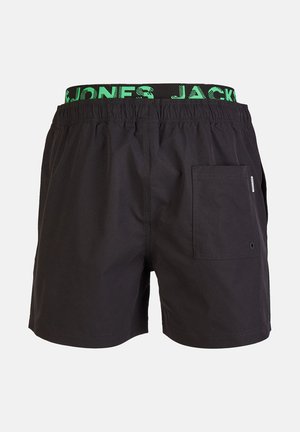 Shorts da nuoto neri con una cintura elastica, caratterizzati da testo verde "JONES JACK". Include una tasca sul retro con dettaglio a bottone.