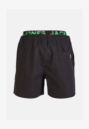 Black swim shorts with an elastic waistband featuring green "JONES JACK" text. Includes a rear pocket with a button detail.