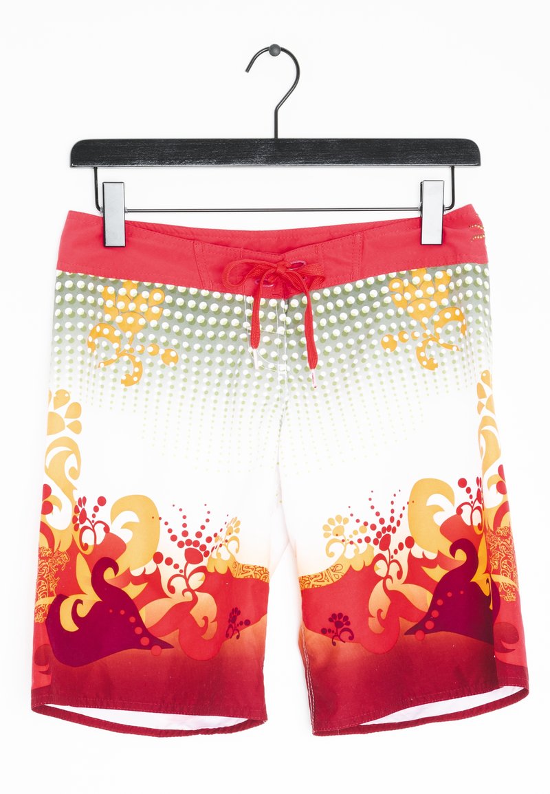 Shorts de bain avec une taille rouge et un cordon de serrage, présentant un dégradé avec des motifs floraux en orange, jaune et vert.