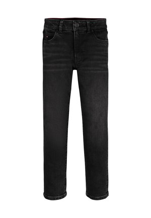 Schwarze Slim-Fit-Jeans mit Fronttaschen, Gürtelschlaufen und Knopfverschluss, entworfen für Kinder oder Jugendliche.