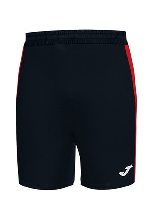 Zwarte sportshorts met rode zijstrepen en een elastische tailleband, met een wit Joma-logo op het onderste rechterbeen.