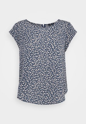 Blusa azul marino de manga corta, con un estampado floral en crema y azul claro. Corte relajado con un dobladillo curvado y un detalle en el escote de la parte trasera.