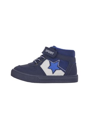 Blauer High-Top-Sportschuh aus synthetischen Materialien, mit einer strukturierten Oberfläche, weißen Akzenten und einem blauen Sternmuster an der Seite.