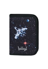 Portapenne nero con zip caratterizzato da un design di astronave su uno sfondo stellato, con testo bianco "baagl" in fondo.