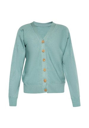 Hellblauer gerippter Strickcardigan mit langen Ärmeln und fünf braunen Knöpfen vorne.