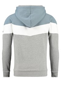 Sudadera con capucha con diseño a bloques de color gris, azul claro y blanco. Material suave de mezcla de algodón, con puños y dobladillo acanalados.