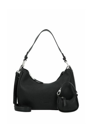 Sac à main en cuir noir avec une surface texturée, présentant une forme courbée, des ferrures en argent et une petite pochette amovible.