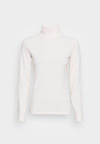 Maglietta a collo alto a maniche lunghe di colore bianco, realizzata in tessuto morbido e liscio; design aderente con alto colletto e senza hardware o motivi visibili.