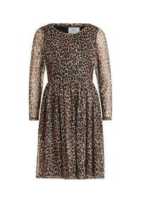 Robe imprimée léopard avec de longues manches transparentes, un col rond et une taille froncée. Présente un mélange de couleurs marron, crème et noir.