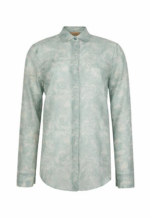 Langärmeliges, knöpfbares Hemd mit einem dezenten floralen Muster in Hellgrün und Weiß und klassischem Kragen.
