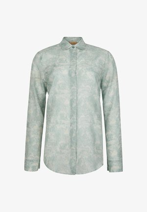 Koszula na długi rękaw zapinana na guziki, w jasnym zielonym i białym subtelnym kwiatowym wzorze, z klasycznym kołnierzem.